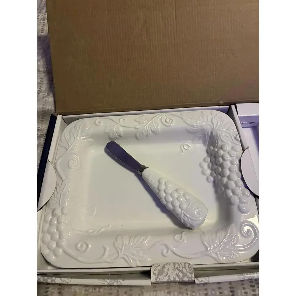 Vintage CIB White Porcelain Cheese Tray with Spreader  Embossed Grapevine Design